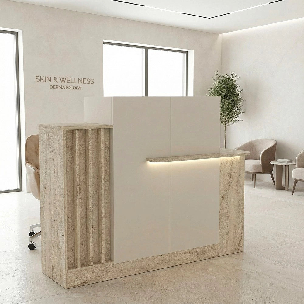 Bancone Reception Dayana 150 cm Cashmere e Travertino con LED – Design Moderno