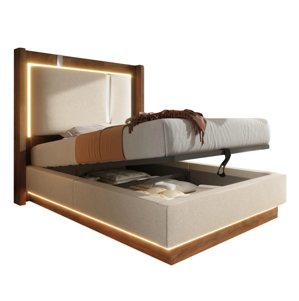 Letto singolo contenitore 90x200 cm con LED e rete a doghe in lino beige e noce HOMVRA