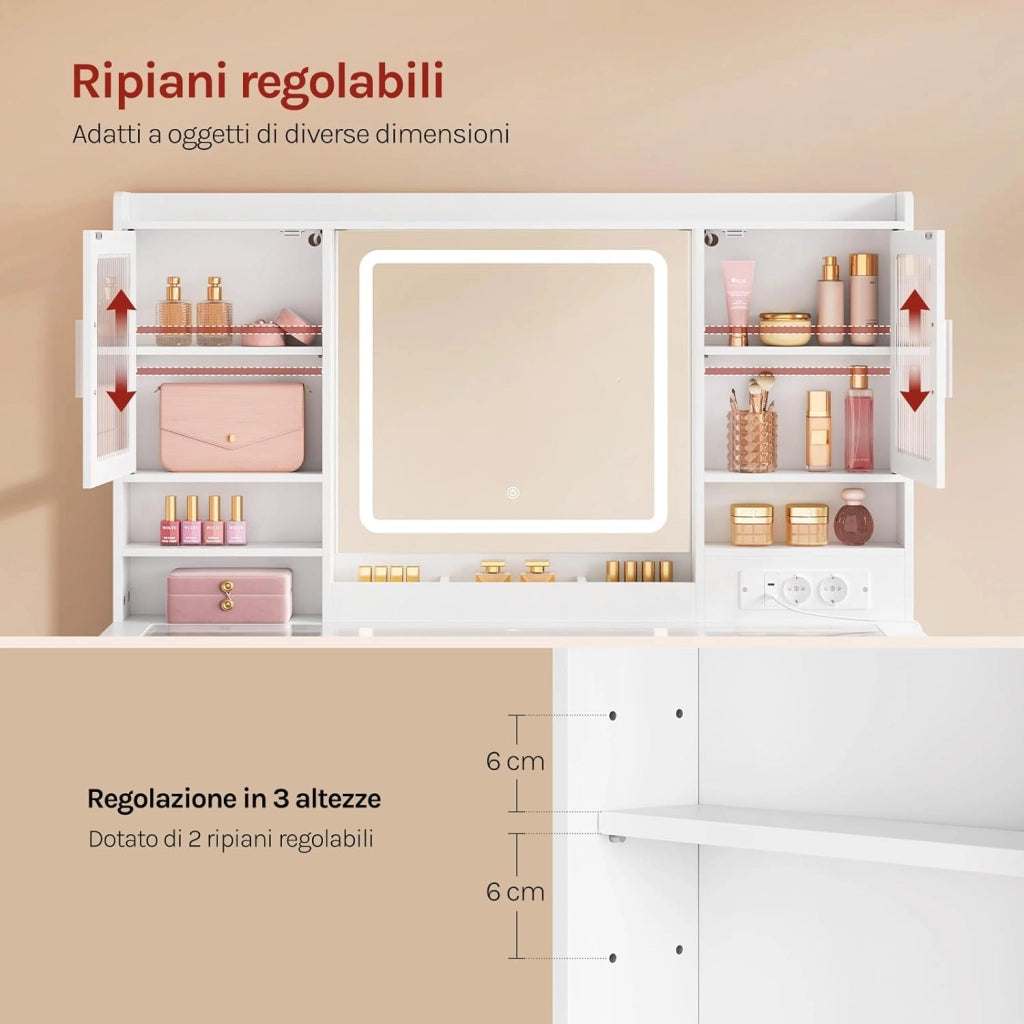 Toeletta con Specchio e LED Regolabili, 2 Armadietti con Ante e Luci RGB, 9 Cassetti e Multipresa, Piano in Vetro Temperato, Postazione Trucco, per Camera da Letto, Cabina Armadio, Bianco