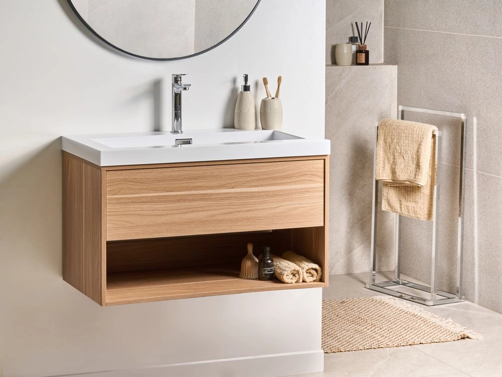 Mobile da bagno sospeso con lavabo in legno ingegnerizzato con contenitore 80 cm Marrone chiaro design moderno