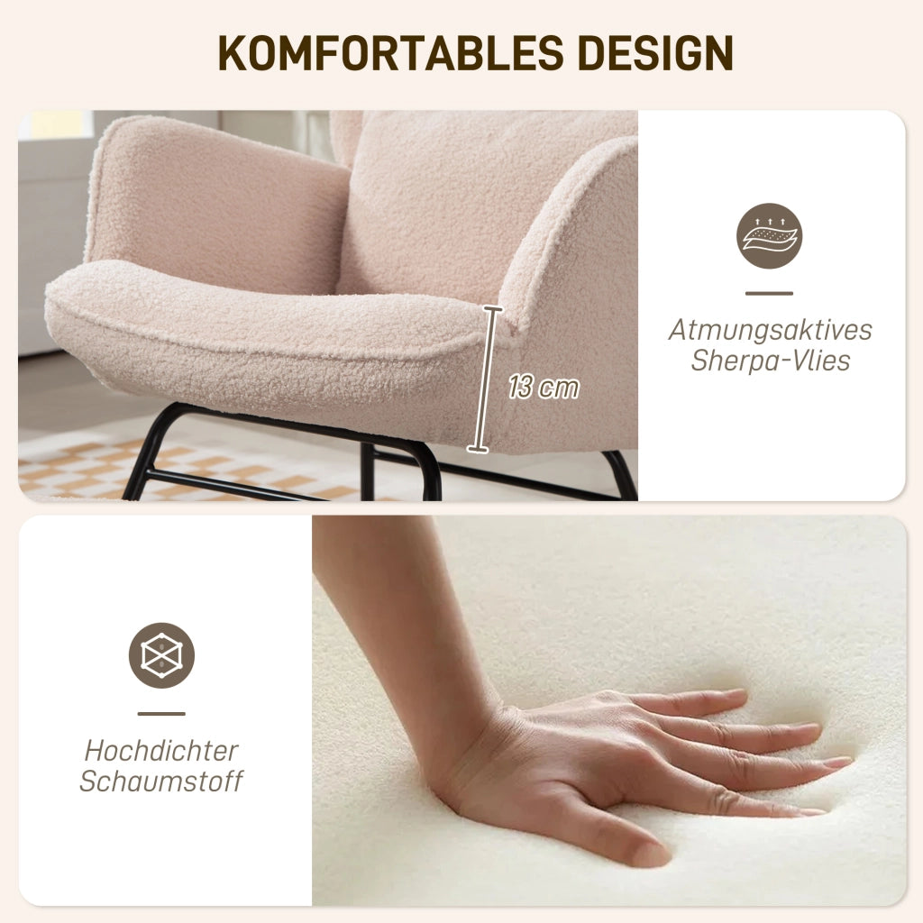 Poltrona dondolo con poggiapiedi ¨C Xylo ¨C tessuto fleece beige, gambe legno, schienale alto