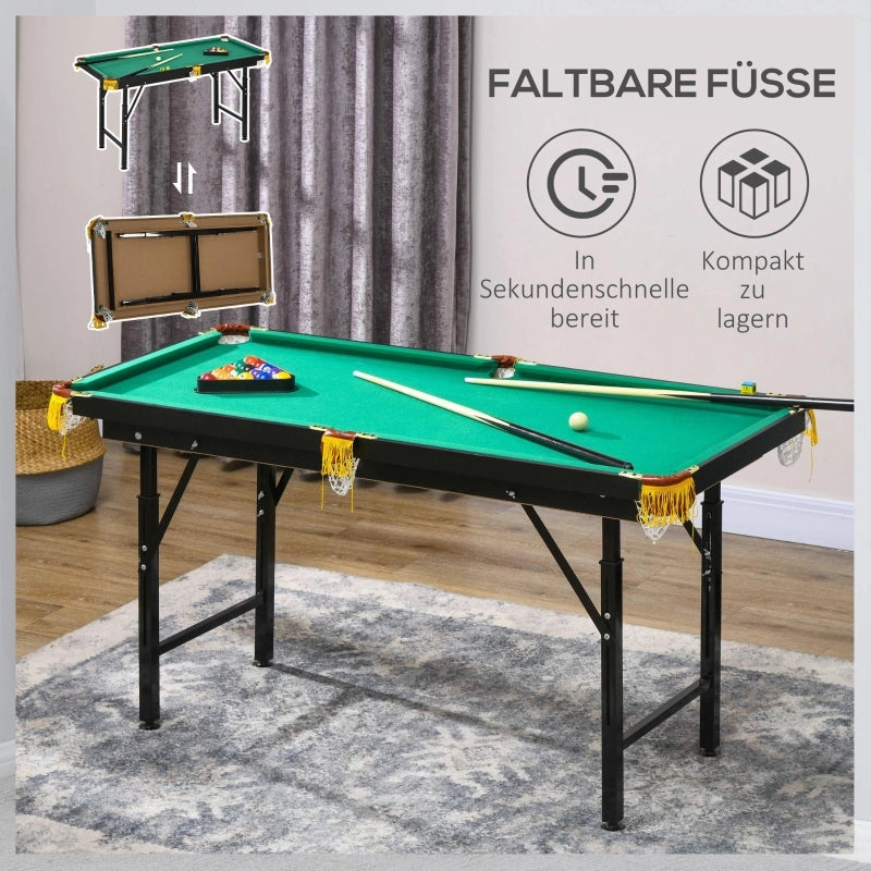 Tavolo da biliardo pieghevole, regolabile in altezza, con triangolo, 2 stecche e 16 palle, colore verde.
