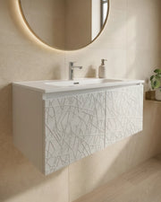 Mobile da bagno sospeso bianco laccato con 2 ante fresate e vasca in ceramica Larghezza: 80 cm