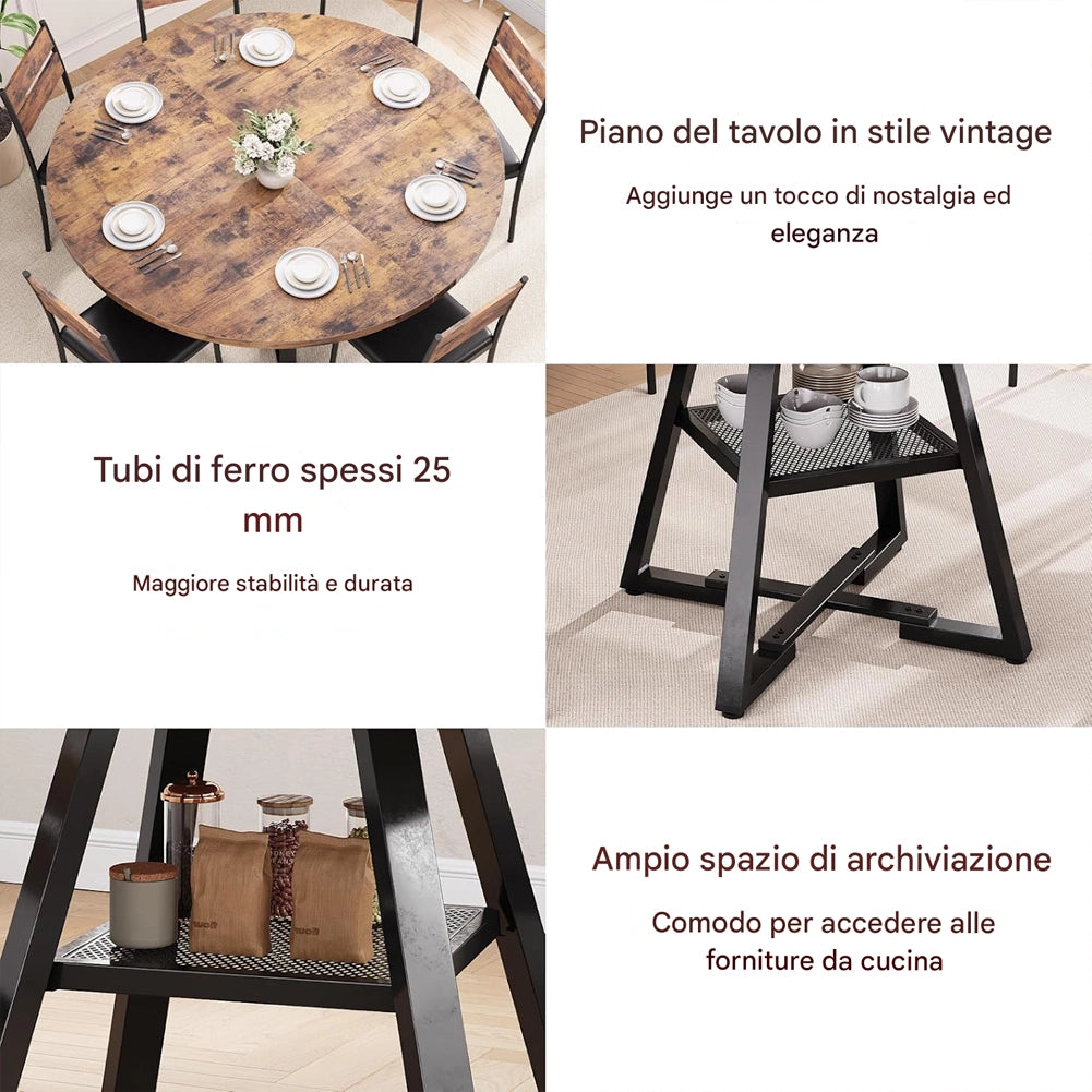 Tavolo per Sala da Pranzo Tondo Industrial con Ripiano Portaoggetti 120x120x76cm