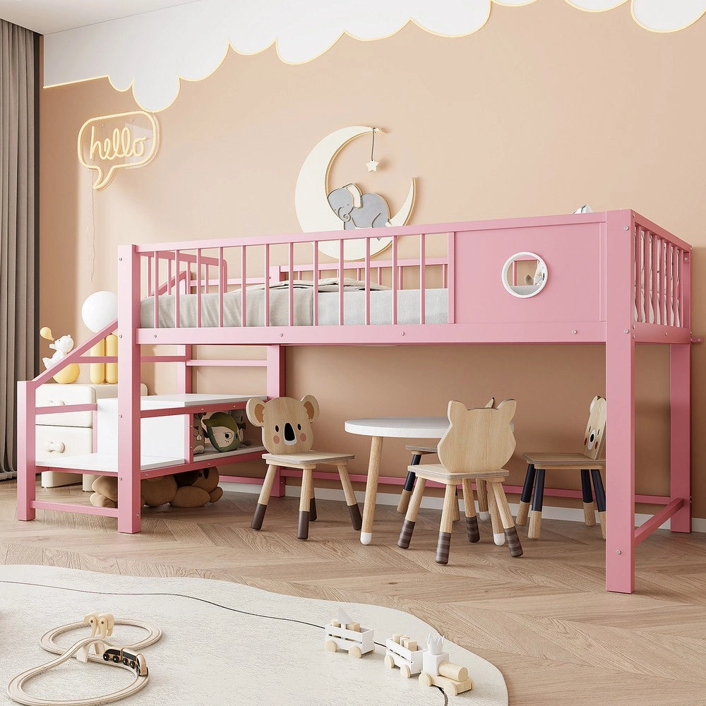 Letto a Soppalco Basso per Bambini con Scala Contenitore ¨C Xylo ¨C Rosa, Metallo, 90x200