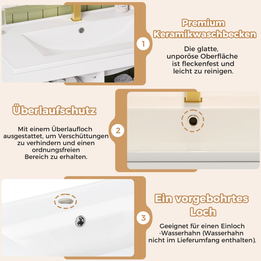 Mobile sottolavabo con LED e lavabo in ceramica, 2 cassetti e vano laterale, per bagno, bianco, 77 × 47 × 51 cm