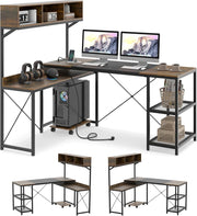 Scrivania Angolare con Stazione di Ricarica, Scrivania ad Angolo Salvaspazio con Scomparti, Ripiani e Supporto CPU Mobile, Postazione di Lavoro Gaming Reversibile per Casa e Ufficio
