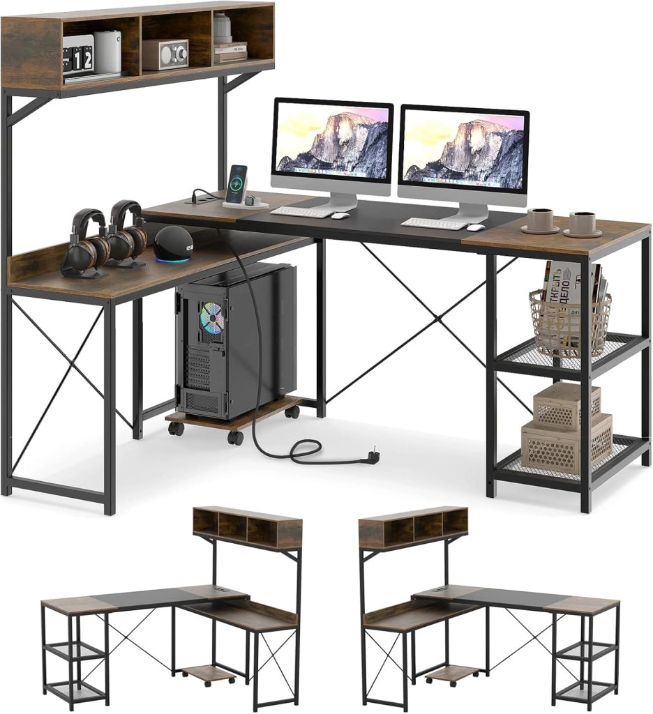 Scrivania Angolare con Stazione di Ricarica, Scrivania ad Angolo Salvaspazio con Scomparti, Ripiani e Supporto CPU Mobile, Postazione di Lavoro Gaming Reversibile per Casa e Ufficio