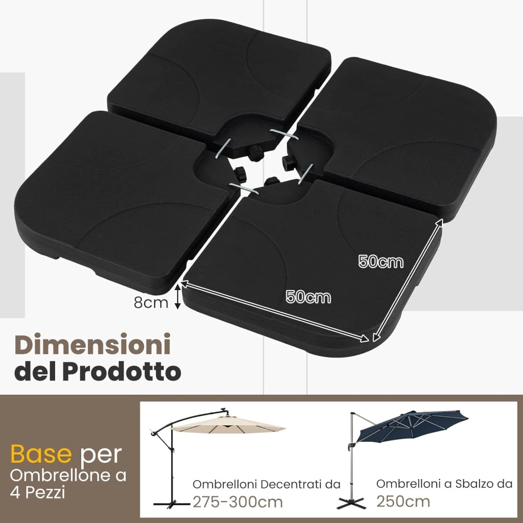 Base per Ombrellone in Plastica a 4 Pezzi, Supporto Ombrellone Riempibile 72 kg con Acaua e Sabbia, con Maniglia e 4 Perni in Meallo, per Patio e Bordo Piscina