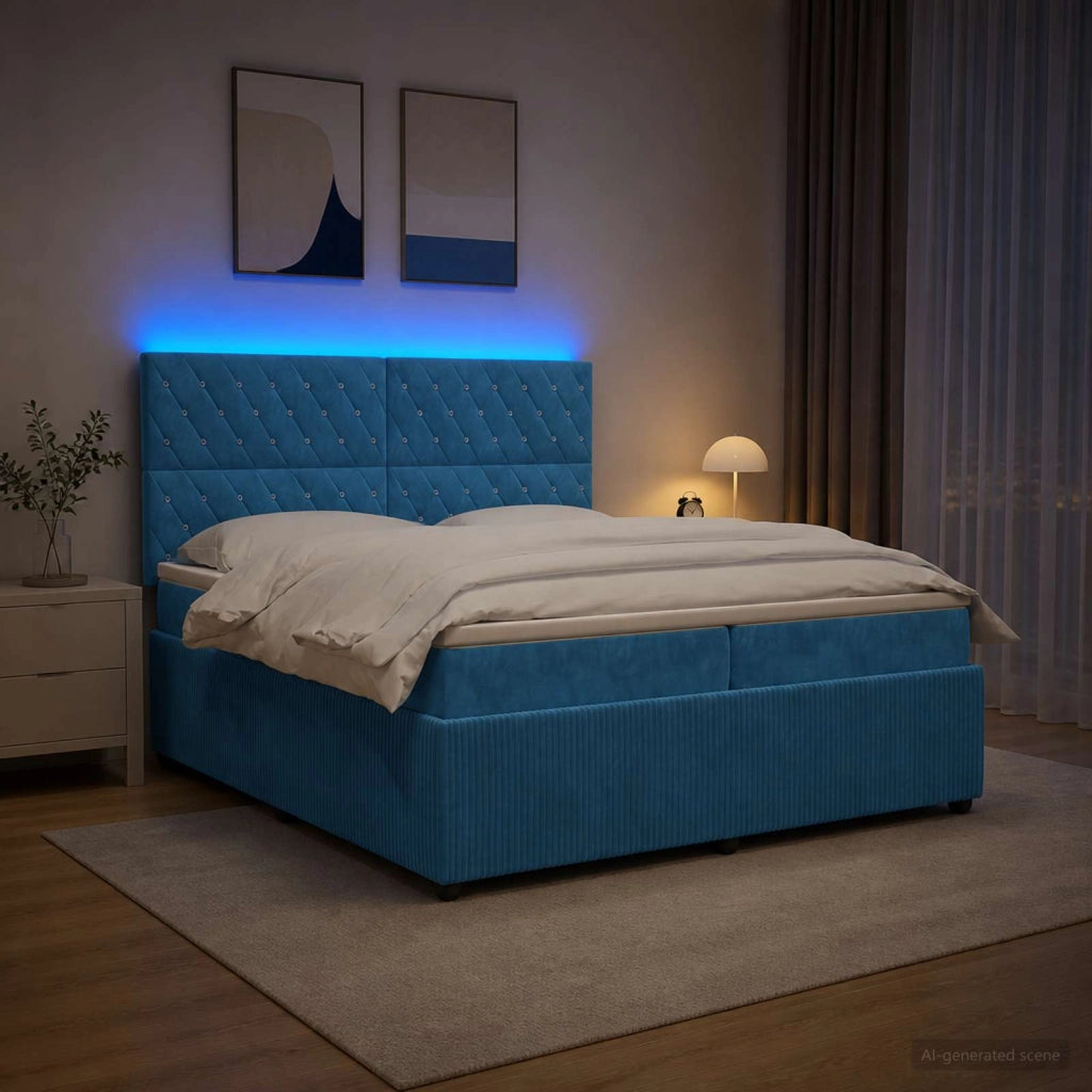 Letto Box Spring LED con Materasso Blu 200 x 200 cm Velluto 3456135