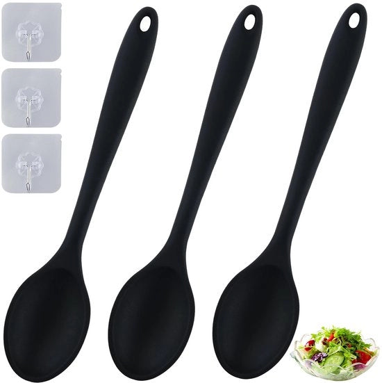 Set di cucchiai in silicone antitrasferimento a 3 pezzi con 3 piccole impugnature, cucchiaio di cottura con manico lungo, cucchiaio da servire antitrasferimento, cucchiaio per mescolare, sollevare e miscelare (nero)