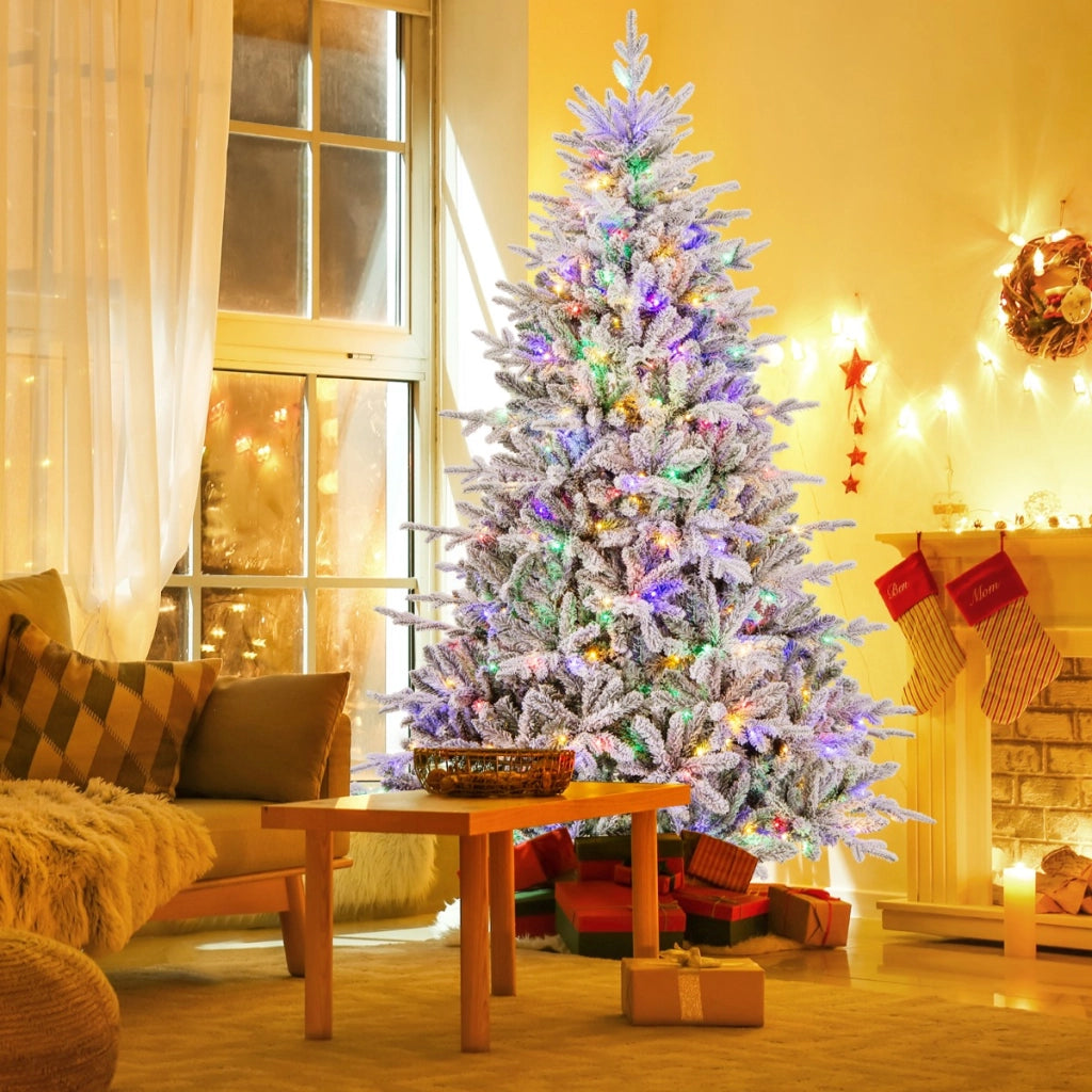 Albero di natale artificiale rivestito di neve di 218cm, Albero decorativo con cerniera e 8 modalit¨¤ luminose-Alberi di Natale