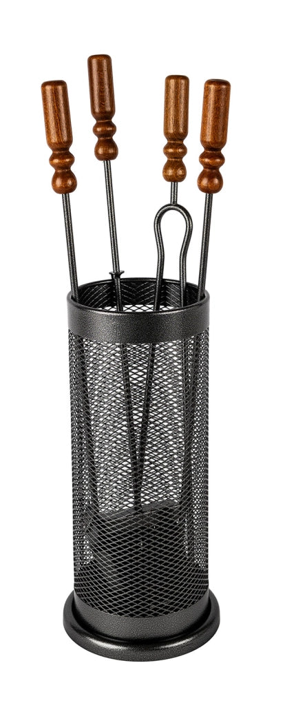 Trespolo per Attrezzi Camino Barilotto a Rete con Paletta Scopino Attizzino e Pinza Ø18x62 cm in Ferro e Legno Grigio