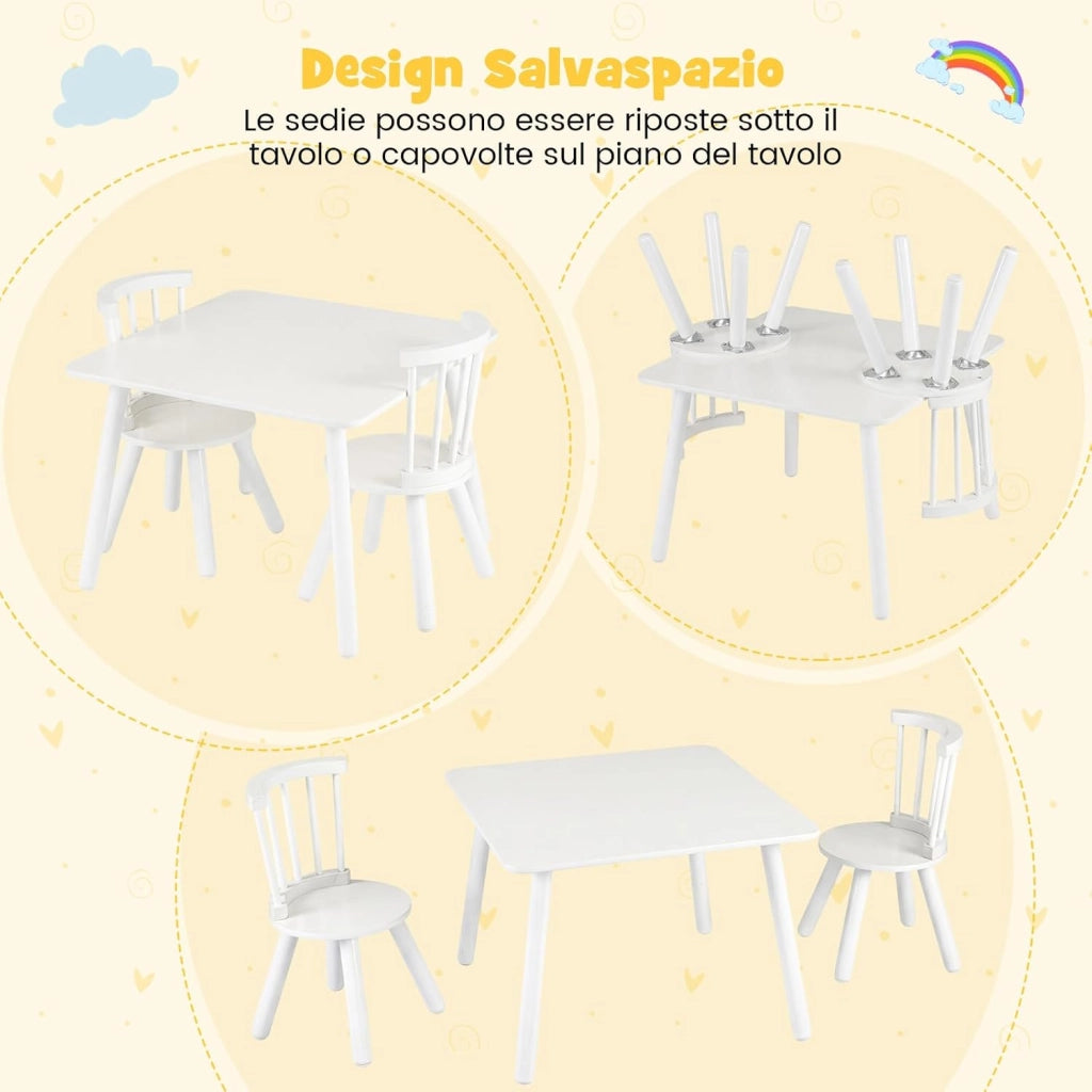 Set Tavolo e 2 Sedie per Bambini, Tavolo Attività con Schienali a Spindola Curvi, Sedute Rotonde e Gambe in Legno Massello, Tavolino per Bambini 3+ Anni per Disegno, Gioco e Studio (Bianco)