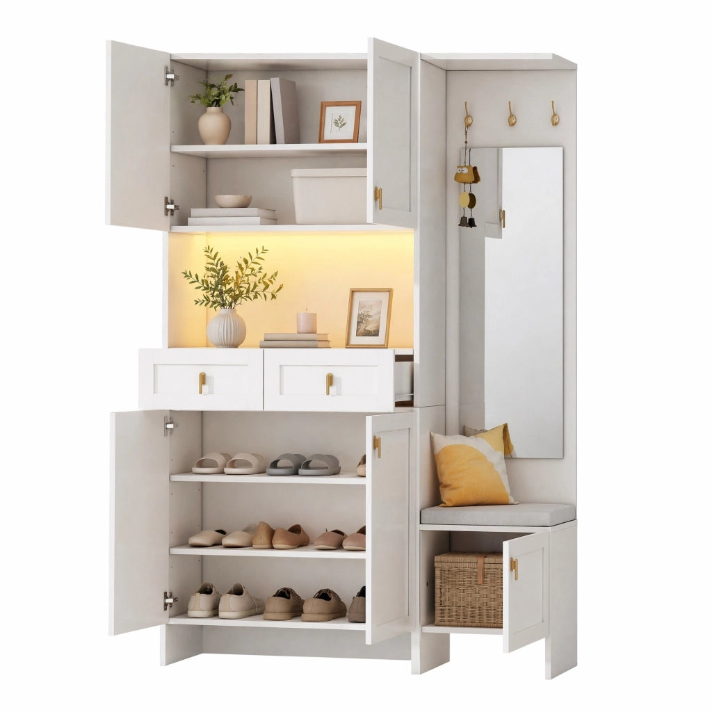 Set ingresso con panca; scarpiera; appendiabiti e specchio 120x33;5x180 cm; bianco