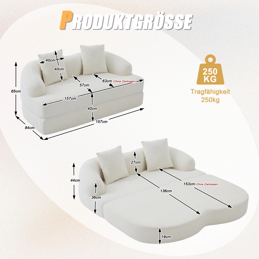 DIVANO LETTO 2 posti pieghevole 157x84x65 cm Chenille Beige
