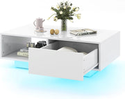 Tavolino da Salotto in Legno, Tavolino Moderno e Rettangolare con 20 Colori di Luci a LED, Telecomando, Cassetto e Ripiano Aperto, Tavolino per Studio e Ufficio (Bianco)