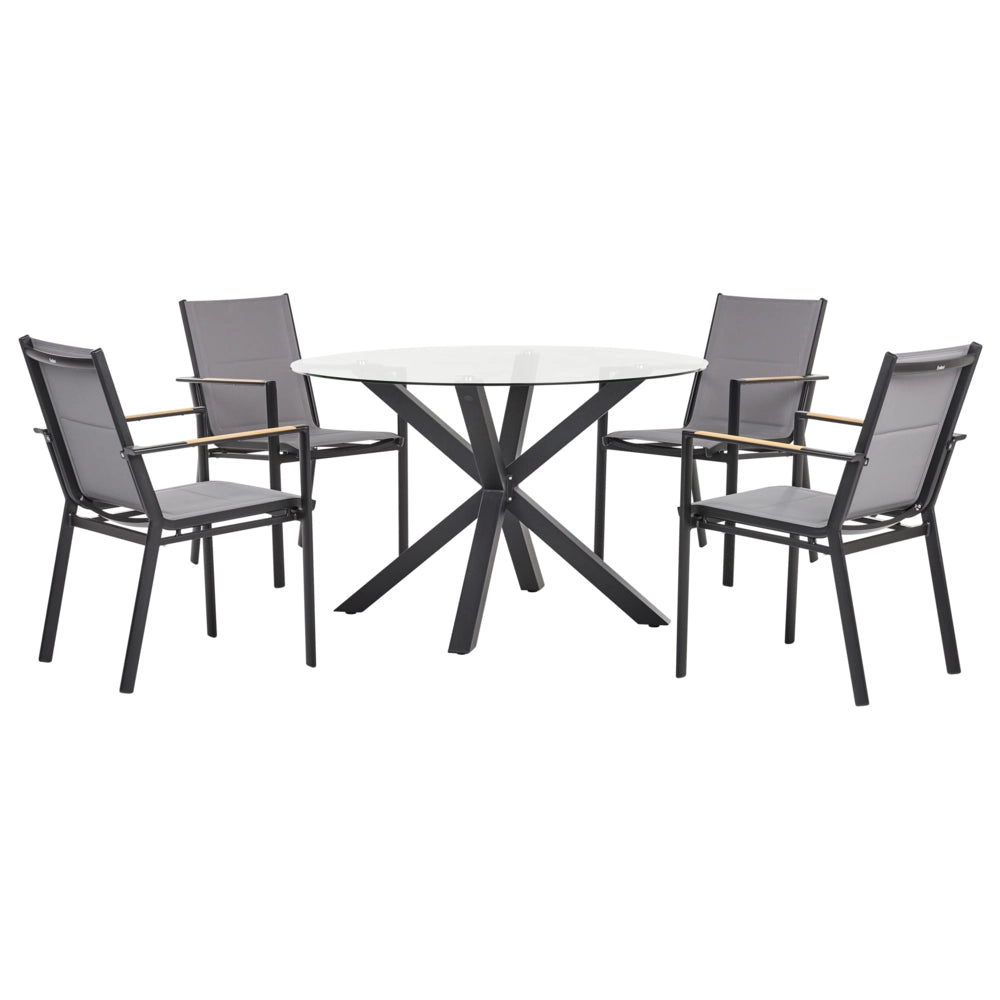 Set da pranzo da giardino con tavolo in alluminio nero con piano in vetro con 4 sedie giardino terrazzo elegante