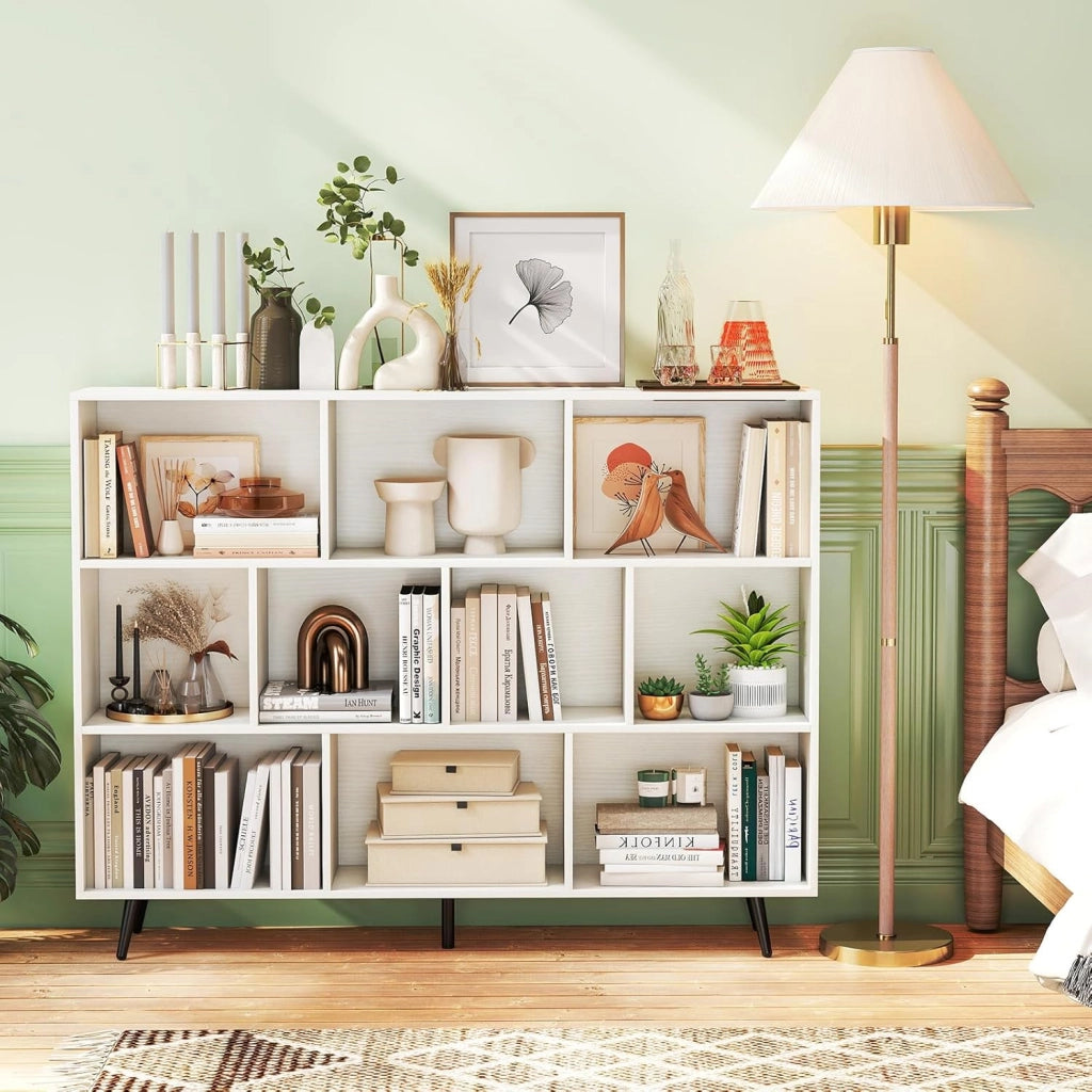 Libreria a 10 Cubi, Organizzatore di Stoccaggio Moderno con 5 Gambe di Metallo, Scaffale per Esposizione con 2 Kit Anti-Ribaltamento per Soggiorno Studio Camera da Letto, Bianco (140x24x107cm)