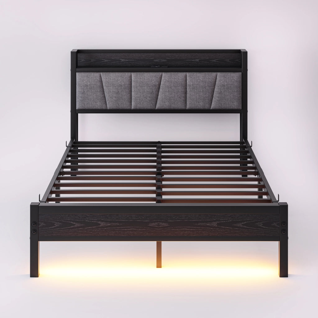 Letto matrimoniale 140 × 190 cm con LED, testiera contenitore e USB, senza materasso, nero