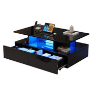 Tavolino da caffè 90x55x41 cm; con LED e 2 cassetti; truciolare nero