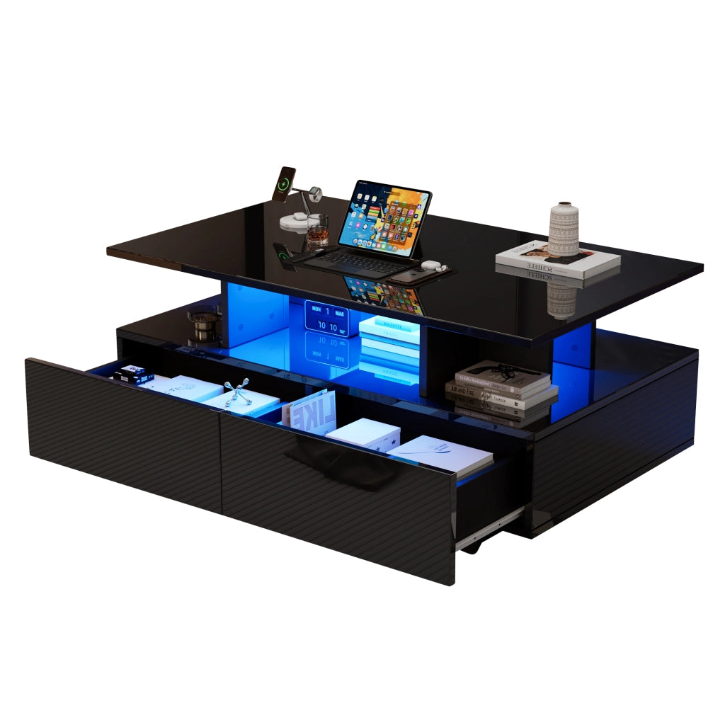 Tavolino da caffè 90x55x41 cm; con LED e 2 cassetti; truciolare nero