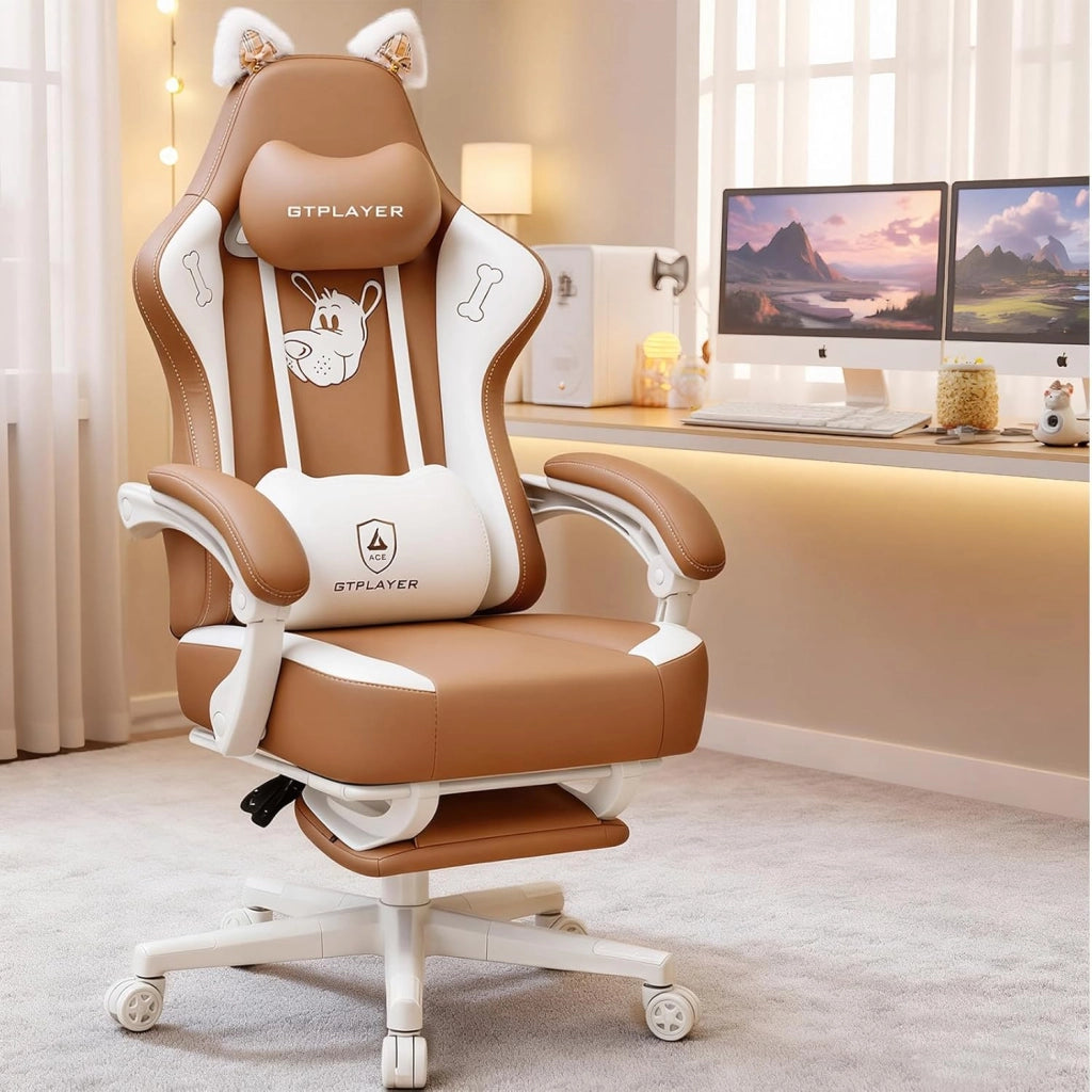 Carina sedia da gioco, sedia da gioco, sedia da ufficio, ergonomica, con orecchie di gatto, memory foam e poggiapiedi, 150 kg, in similpelle, marrone