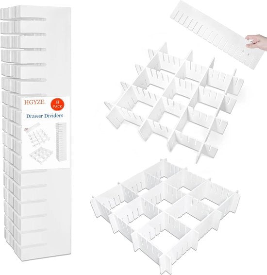 Sistema di organizzazione per cassetti regolabile 9 cm alto, 42 cm lungo, sistema di organizzazione per cassetti bianco, set di 8 organizzatori in plastica per distribuzione di utensili, cucina, camera da letto, cassetti.
