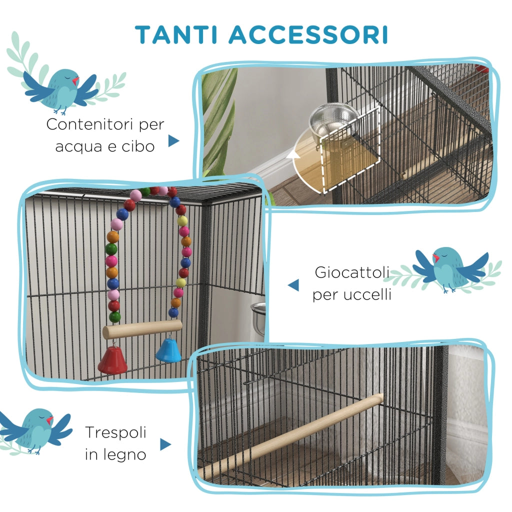 EasyComfort Gabbia per Uccelli in Acciaio e PP con 5 Porte, 2 Posatoi e Vassoio Estraibile, 48x46x74 cm, Grigio