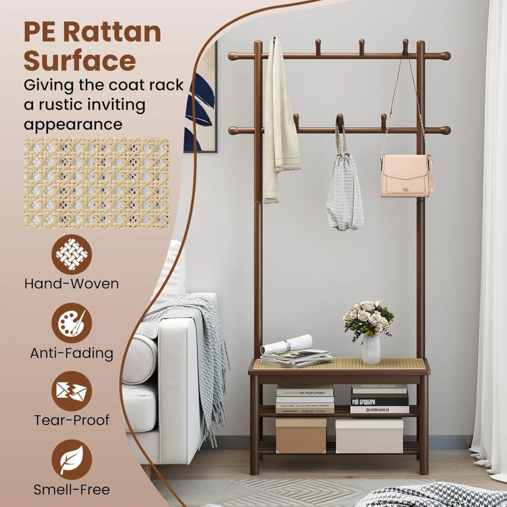 Appendiabiti in bambù 3 in 1 con panchina, scarpiera e ganci, struttura robusta, finitura in rattan PE, mobile d'ingresso elegante ideale per soggiorno, camera da letto (marrone)