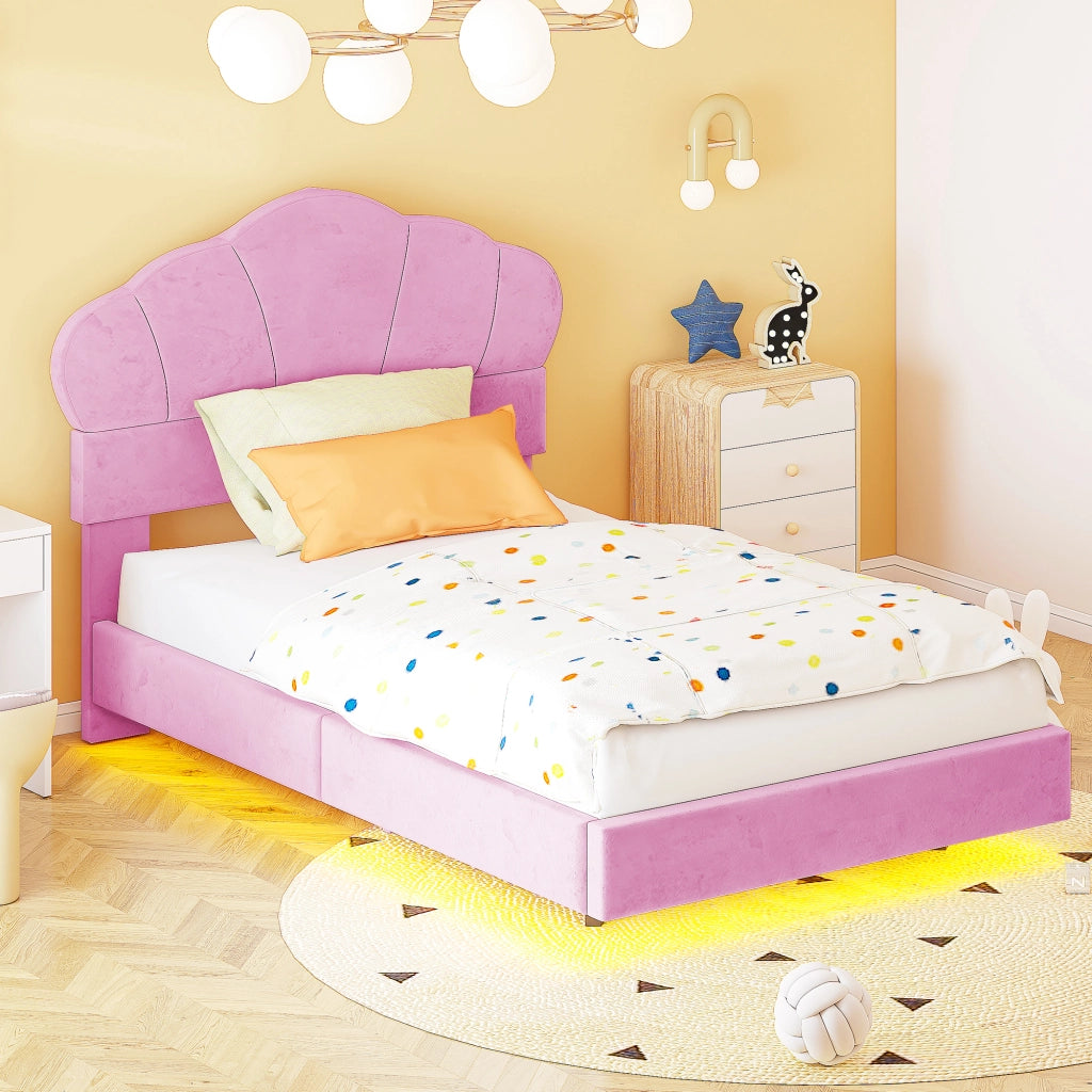 Letto imbottito per bambini con testiera a nuvola e LED, 90x200 cm, rosa