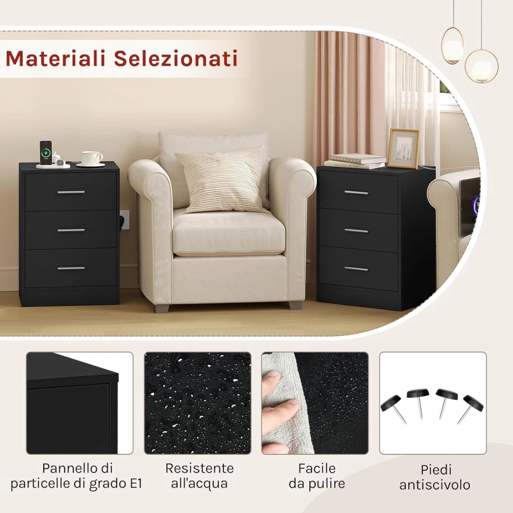 Set di 2 Comodini, Comodini con Stazione di Ricarica, con 3 Cassetti, Neri, per Soggiorno Camera da Letto Studio, 39x28.5x54.5cm