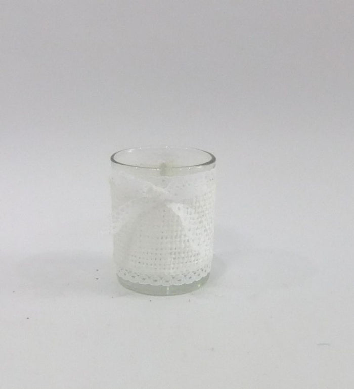 PORTACANDELE VETRO CON PIZZO E DECORO CUORE LEGNO CM 6,2 H 7,5