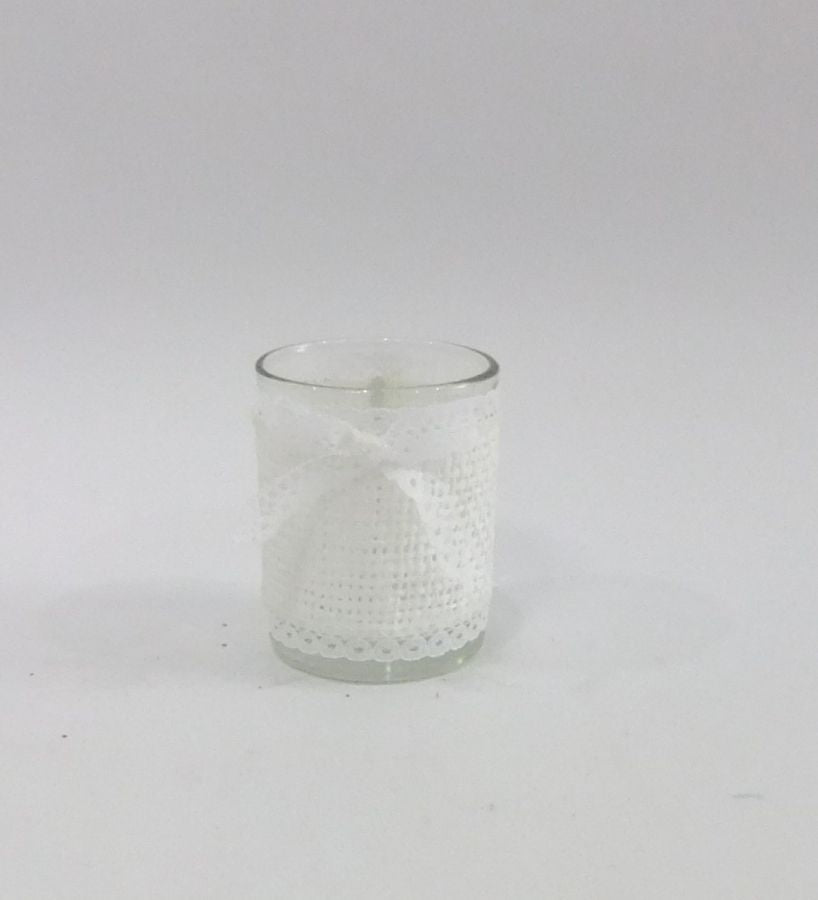 PORTACANDELE VETRO CON PIZZO E DECORO CUORE LEGNO CM 6,2 H 7,5