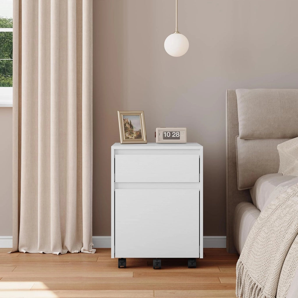 Cassettiera Scrivania con 2 Cassetti, Schedario con Rotelle, Schedario da Ufficio A4, in Legno PB, Bianco, 40x40x56cm, ASK11ws