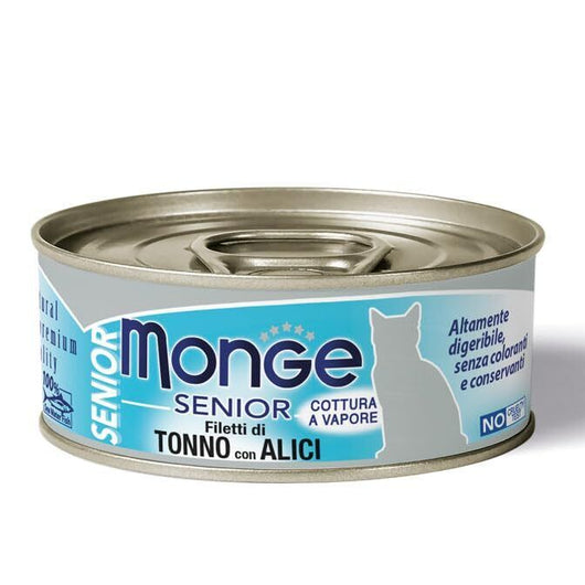Monge Jelly scatolette umido gatto 80g. Confezione risparmio 80g X 24 flavor: FILETTI DI TONNO E ALICI SENIOR, size: 80g