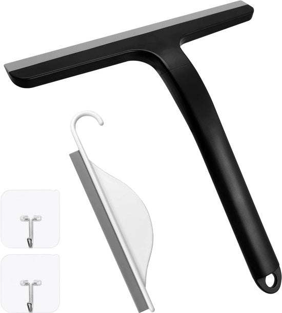 2 x Spazzolino per doccia con gancio e piccola testina, spazzolino per doccia nero, testina in gomma 21,6 cm manico, per finestre, piastrelle, specchi e porte della doccia