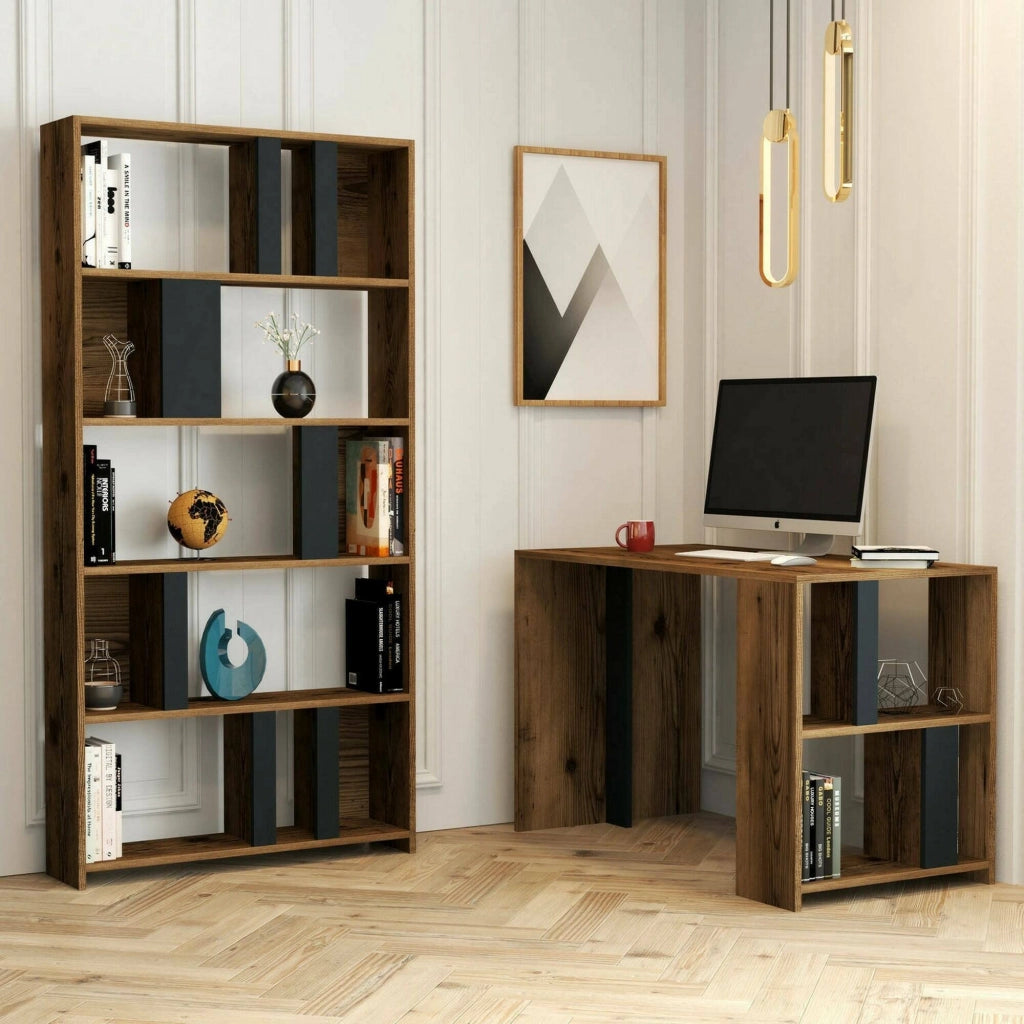 Scrivania Atene, Scrittoio multiuso, Tavolo per ufficio porta PC con libreria, 120x60h75 cm, Noce e Antracite