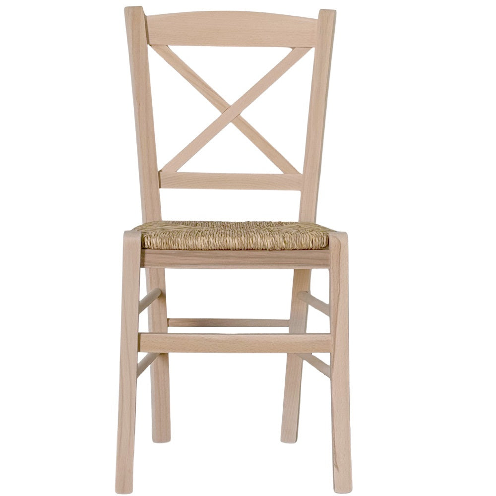 Sedia in legno croce con seduta in paglia grezza da verniciare