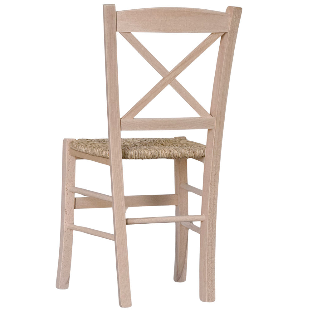 Sedia in legno croce con seduta in paglia grezza da verniciare