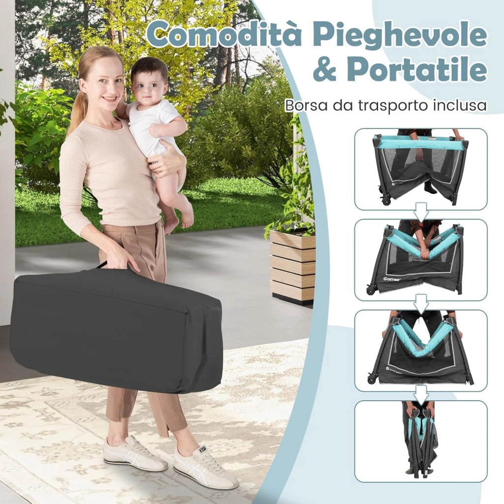 Lettino da Campeggio Pieghevole 5 in 1, Box Bambini con Culla Removibile, Fasciatoio, Materasso, Ripiano Portaoggetti, Ruote Bloccabili, per Bambini 0-36 Mesi (Verde, 103 x 74 x 73 cm)