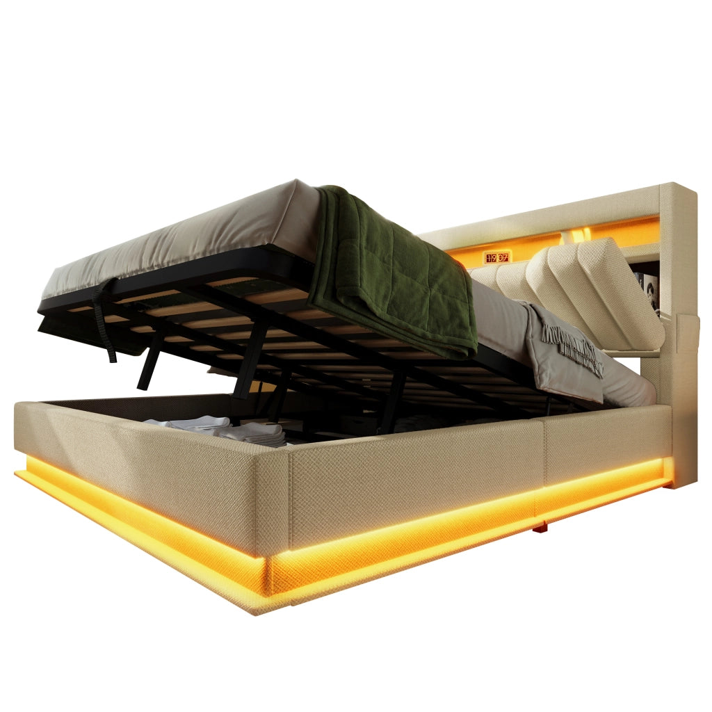 Letto matrimoniale 140x200 cm in lino beige con LED; ricarica USB e Type-C; contenitore idraulico