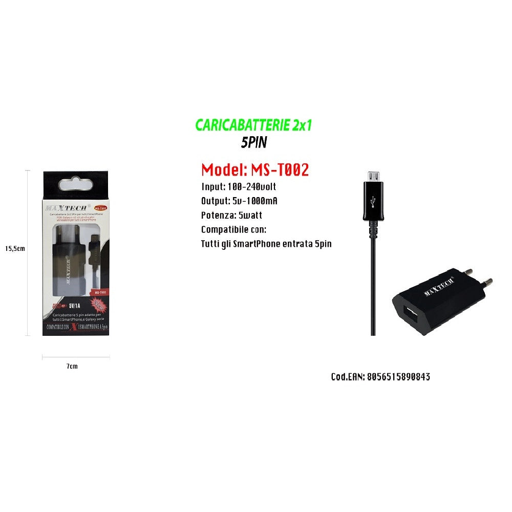 Trade Shop - Caricabatterie 2x1 5pin Per Samsung Galaxy Series Smartphone 5v/1a Maxtech Ms-t002 -