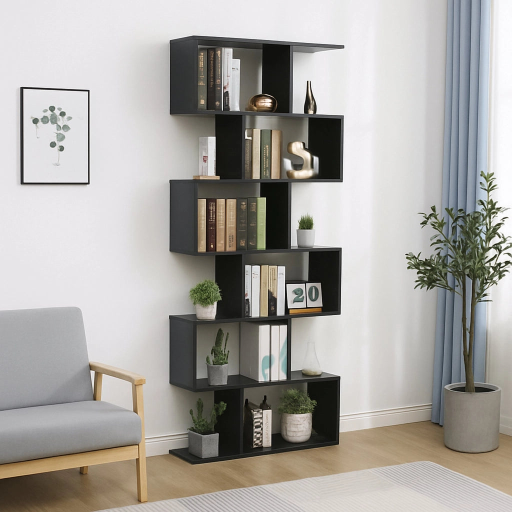 Libreria alta bifacciale a 6 Alowha, Made in Italy, Scaffale per libri e documenti, Libreria a zig zag da ufficio, cm 80x25h192, Grigio Cenere