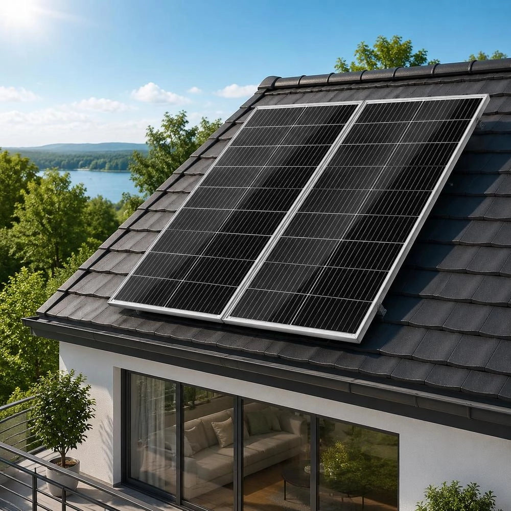 200W Solar Panel 2-Pack 12V Monocrystalline Solar Module Plus Charge Controller 16.66A Solar System Conversion Rate Of 23% Compatible With AGM, GEL, FLD, And Li-ion Batteries Ideal For Motorhomes, Yachts, And Caravans