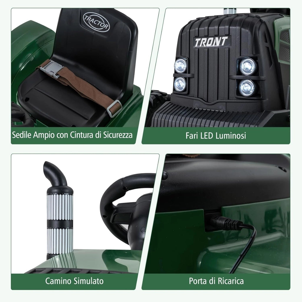 24V Trattore Elettrico per Bambini, Veicolo con Rimorchio Staccabile, Telecomando, Musica, Porta USB, Partenza Morbida, Fari LED, per Bambini 3-8 Anni (Verde)