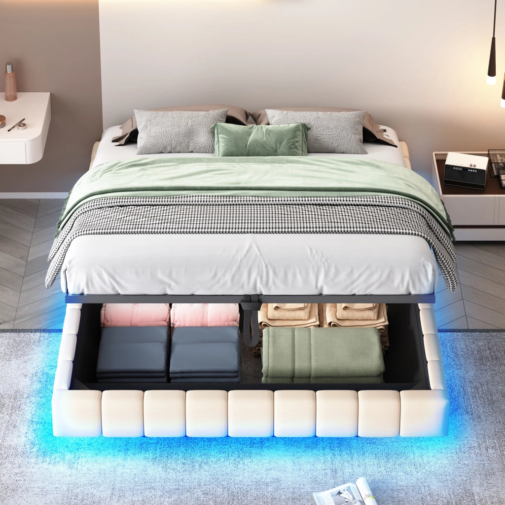Letto matrimoniale imbottito 160x200 cm sospeso con LED; contenitore; beige