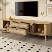 OKWISH Mobile TV con Ante e Cassetti, Frontali Effetto Rattan, Stile Naturale per Soggiorno, MDF e Legno Massello, 170×39,5×46 cm