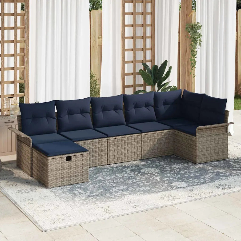 Set Divano da Giardino 7 pcs Grigio e Blu Navy polyrattan