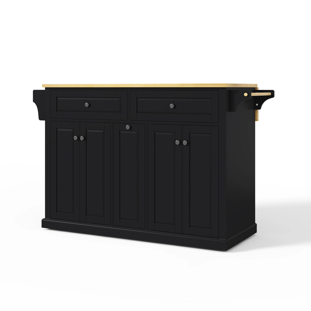Isola Cucina Mobile 121x49/69x89 cm Nero e Legno con Piano Ribaltabile, 2 Cassetti e Ruote